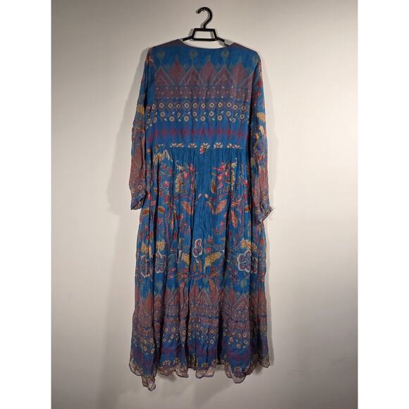 Soft Surroundings Dress XL Blue Mirapani Prairie Tiered Boho Embroidered Maxi - Picture 8 of 13